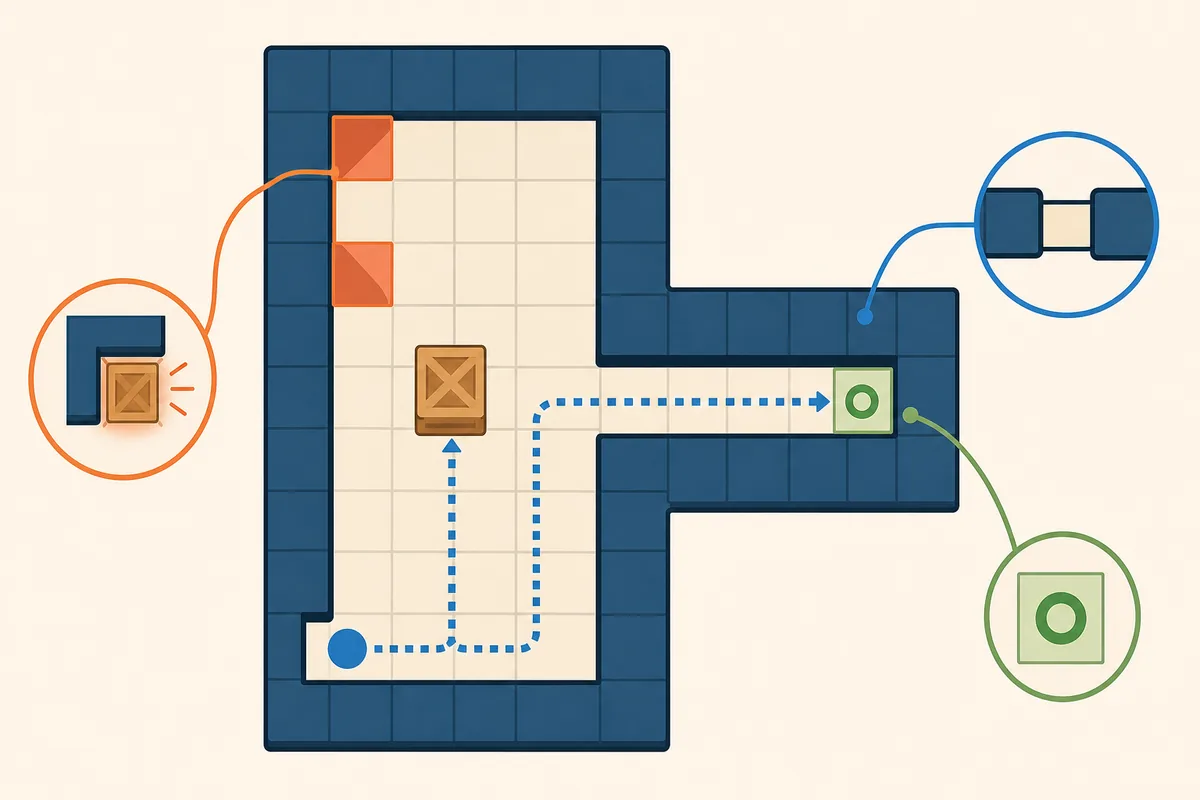 Conceptual diagram showing a box corner trap, a narrow corridor, and a planned route to a goal