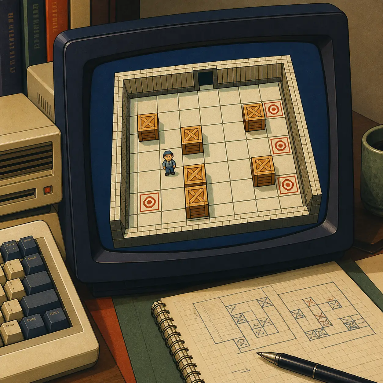 Editorial illustration of a classic warehouse puzzle on a vintage computer