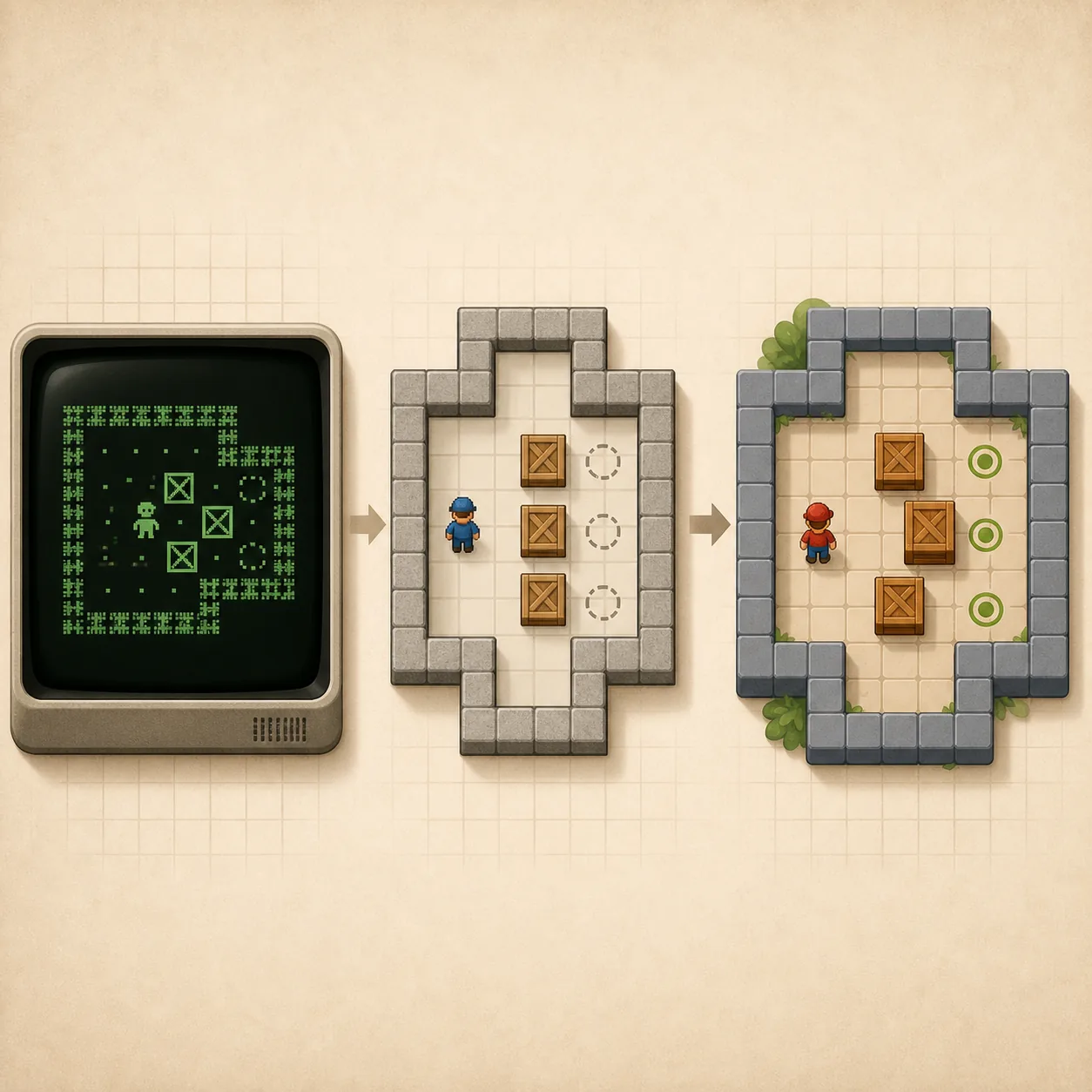 Editorial visual timeline from an early computer puzzle to classic and modern Sokoban boards