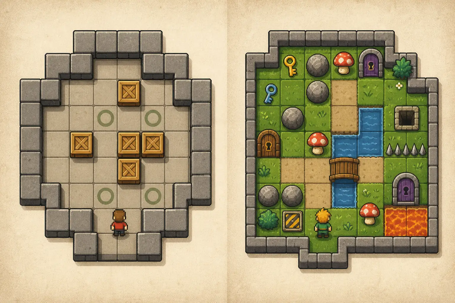 Conceptual comparison between a simple Sokoban crate board and a richer adventure puzzle board
