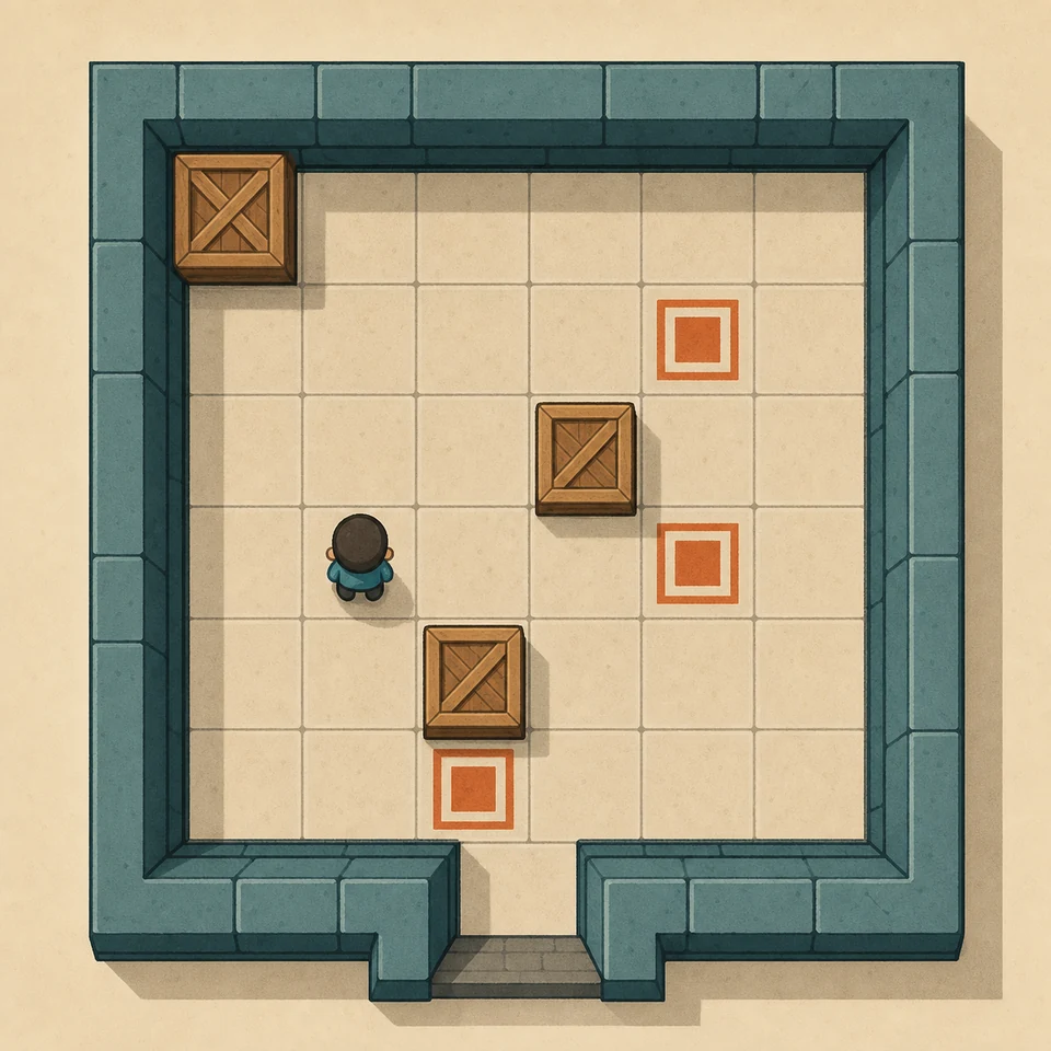 Editorial illustration of a Sokoban level with crates, goals, walls, and a deadlocked corner